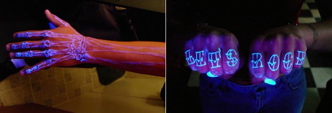 They are done with UV blacklight reacting ink so they only show under 